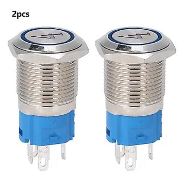 2 st 5-Pin Metall Tryckknappsbrytare 16mm Platt Huvud Självåterställande Brytare med Ljus Nummer 4 (3-6VDC Blå) för DIY-projekt, Fordon och Industri