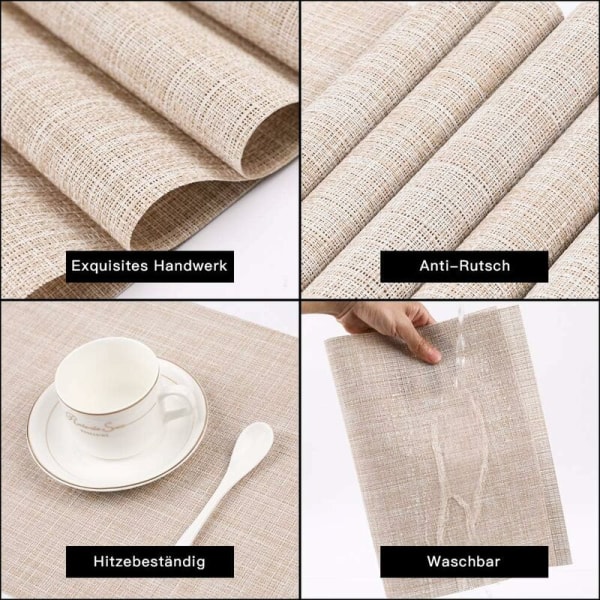 Placemats Set of 6 Placemats Set, Washable Durable PVC Table Mat Non-Slip Place Mat Lightweight Heat Resistant Placemats Beige