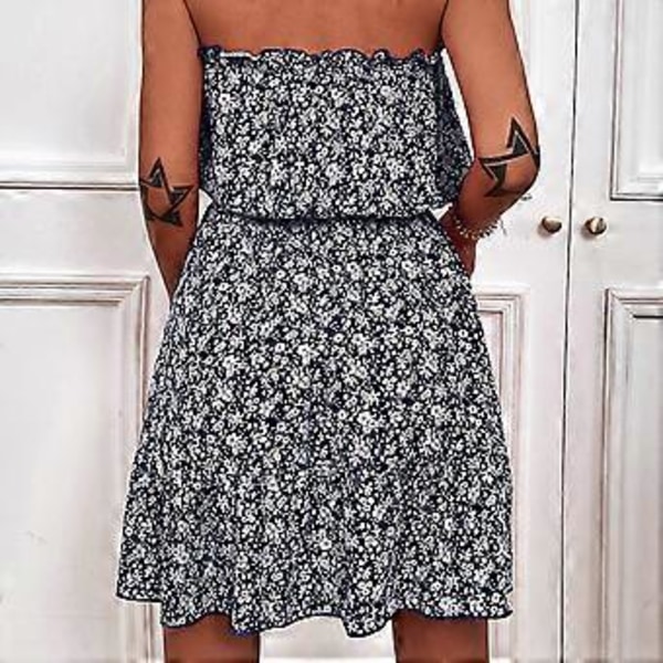 Trendy Mørkeblå Stropløs Off Shoulder Kjole - Moderigtigt Blomsterprint Sommerbeklædning, L