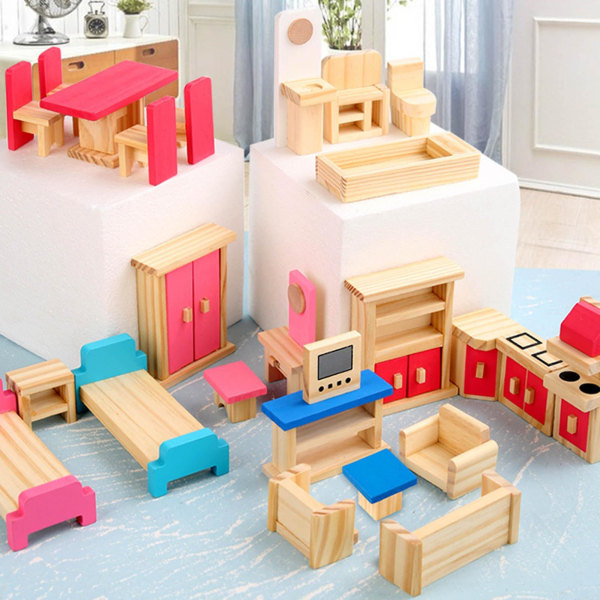 1:12 Simulering Træmøbler Sæt Seng/bord/sofa/komfur Sand Legetøj Model Layout