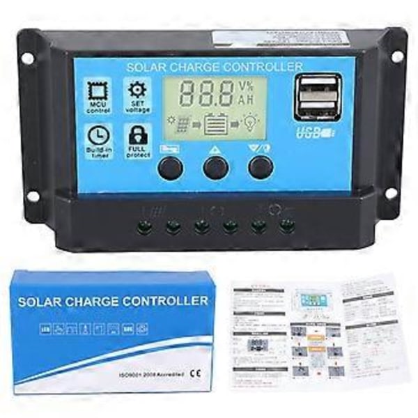 Solarladdningsregulator 12V 24V 30A PWM Urladdningsregulator LCD-display Dubbel USB-utgång