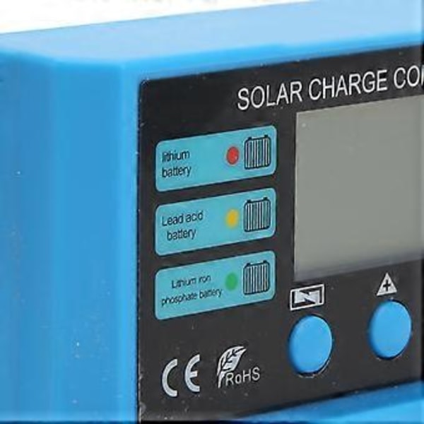 12V 24V Solpanel Controller LCD Display Fotovoltaisk Ladecontroller med Stik Blå 20A