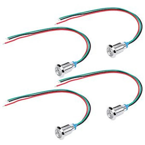 4 Set Förkopplade Runda Lysdioder Metall Vattentät 2-Färgsindikator Gemensam Katod 10mm 12-24V (Röd och Grön)