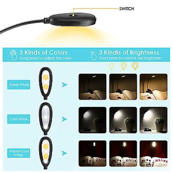 FBA Monopolys Trefarget temperatur boklampe med klips, innebygd batteri 1000 mAh, svart type USB-lading, enkel hodelykt