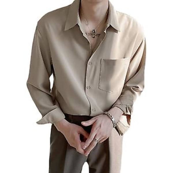 Långärmad herrskjorta bomullsblandning button down nedvikt krage ledig skjorta för vår höst Khaki L