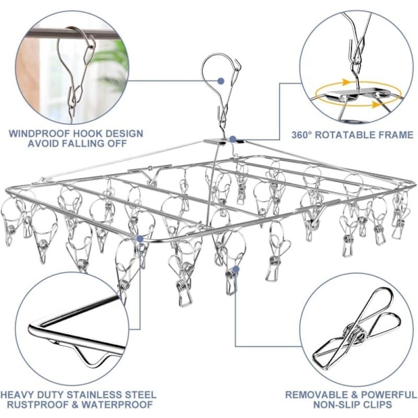 Clothes Drying Rack, 52 Clips Stainless Steel Laundry Drying Rack Folding Sock Hanger, Underwear Hanger, Clothes Hangers for Drying Towels, Bras-34c