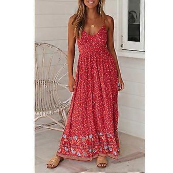 Rød Blomstret V-Hals Midi Kjole - Elegant Elastisk Talje Lavt Skåret Spaghetti Strop Dating Outfit, S