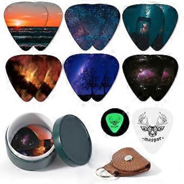 Muspor MX0299D 13st Celluloid Plektrum 0.71mm Färgglada Plektrum med Järnask Förvaring Musikinstrument Tillbehör för Bas El- och Akustisk Gitarr