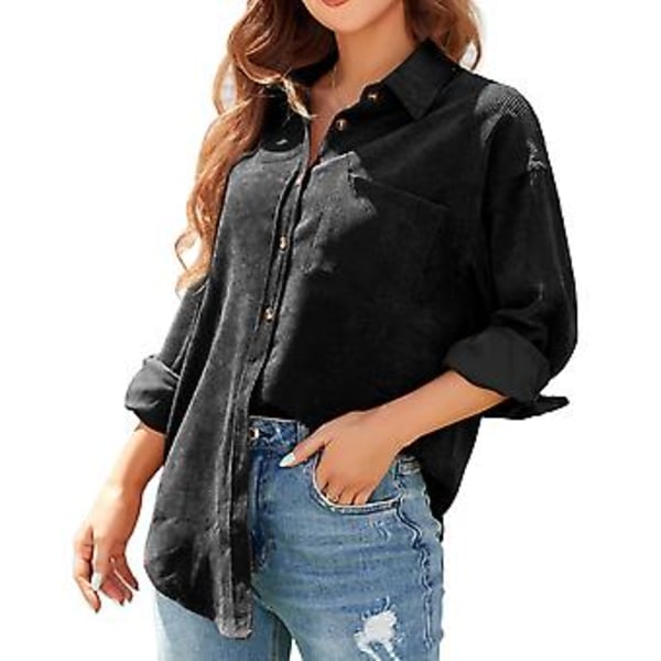 Dame Fløjlsbluse Løs Afslappet Elegant Ensfarvet Langærmet Knaplukning Bluse Toppe med Lomme Sort XL