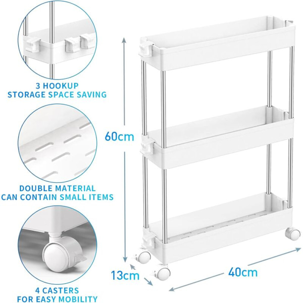 3-etasjes kjøkkenvogn, smal nisjehylle på hjul, plassbesparende baderomshylle og kjøkkenhylle for kjøkken, kontor, bad, 40 x 13 x 61 cm, Bl