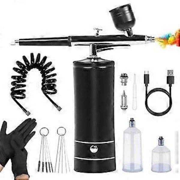 Airbrush-sæt med luftkompressor og handsker - 27PSI højtryks-airbrush med slange, trådløs airbrush til modelmaling, sort