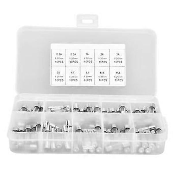 100 stk. Sikring Hurtig Spræng Glas 0.2A 0.5A 1A 2A 3A 5A 8A 10A 15A 20A Sæt Kit til Beskyttelse