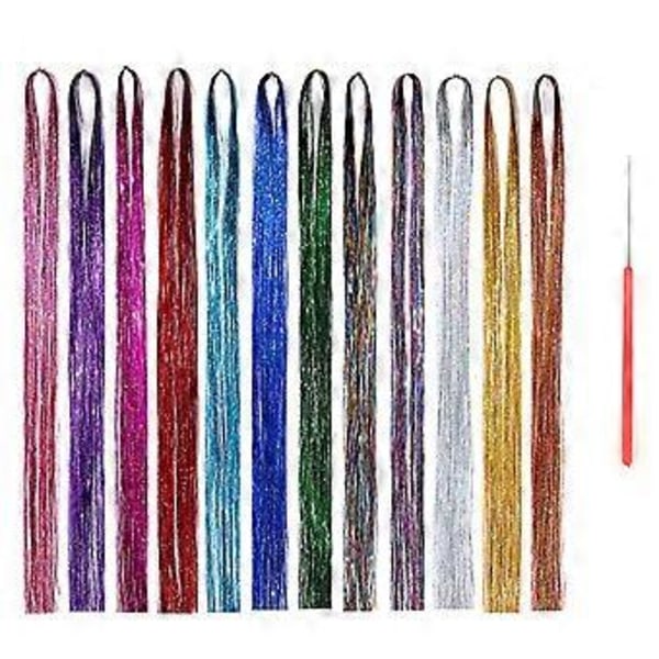 12 Färger Glitter Hårförlängningar Glittrande Glänsande Färgglatt Syntetiskt Hår för Kvinnor Flickor