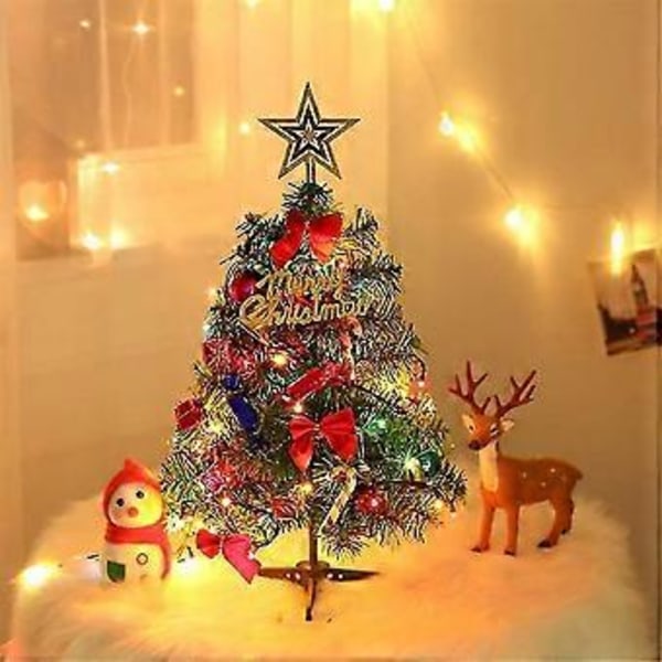Bordmodell Juletre Kunstige Juletrær Og 2m/2,18 Yard Lyslenke Mini Ornamenter Miniatyr Bordtrær Plast Vinter DIY Håndverk Mini P