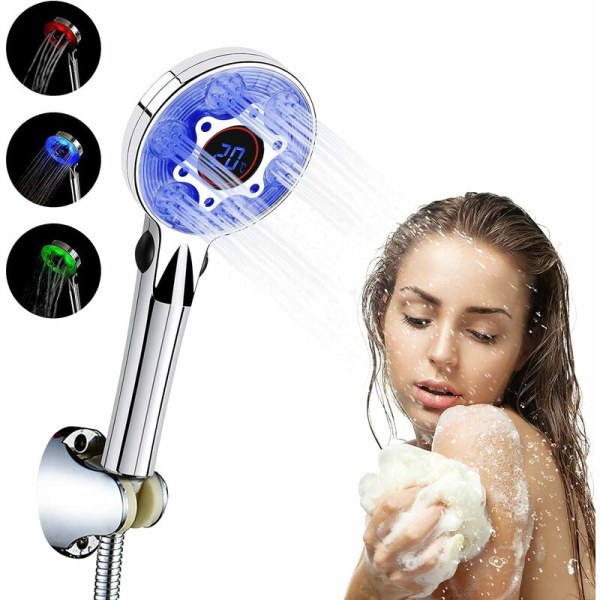 LED-dusjhode, fargeskiftende temperaturkontroll Hånddusj med 3 farger, trykkøkende vannbesparende regndusj, hånddusj m