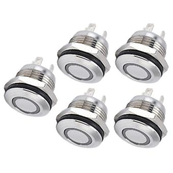 5 stk. Knapkontakt Rustfrit Stål Flad Top Knap med LED Selv Nulstilling Strømtilbehør 12mmDC3‑6V Hvid