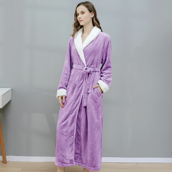 Women's Fleece Bathrobe, Soft Bathrobe Dressing Gown with Pockets Winter Christmas Gift L Purple