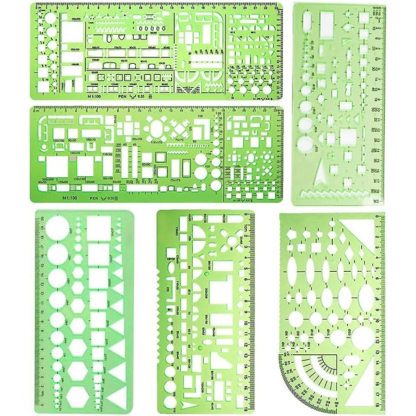 6 kappaletta muovista mittausmallia Mittausmallit Muotti Stencilit Piirustusviivaimet toimistoon ja kouluun, vaaleanvihreä, muovi