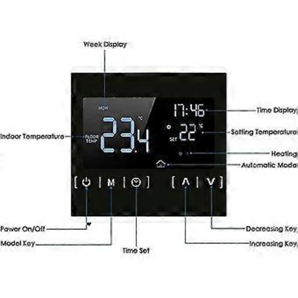 Termostat til elektrisk gulvvarme, programmerbar temperatur og LCD-display med dobbelt temperatur og dobbelt kontrol, 3 meter ekstern sensorkabel