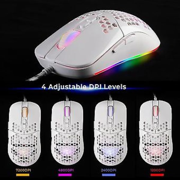 Honeycomb Shell Trådbunden Mekanisk Gamingmus USB Ljusstark Mus 7200dpi Justerbar Optisk Spelmus, Vit