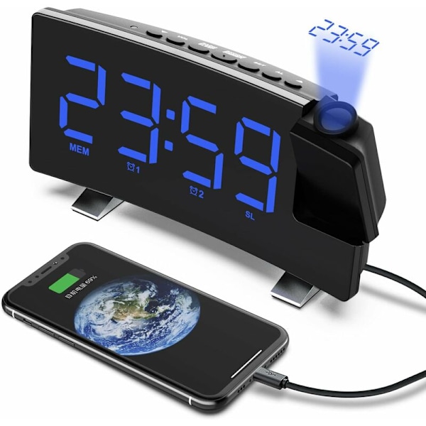 Projektionsklockradio, 180  Takprojektionsväckarklocka, USB FM Digitalklocka med Dubbla Alarm, Snooze, Sleep Timer, 12/24h, Stor LED-skärm med Dimmer (Blå)