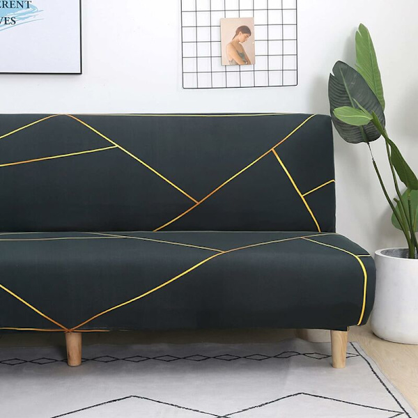 Armlös Futon Soffskydd - Halkskydd, Fällbar, Stretchig, Armlös, Skyddande Överdrag för 2-Sits Armlös Soffa (Svart/Guld) 155-185 HI