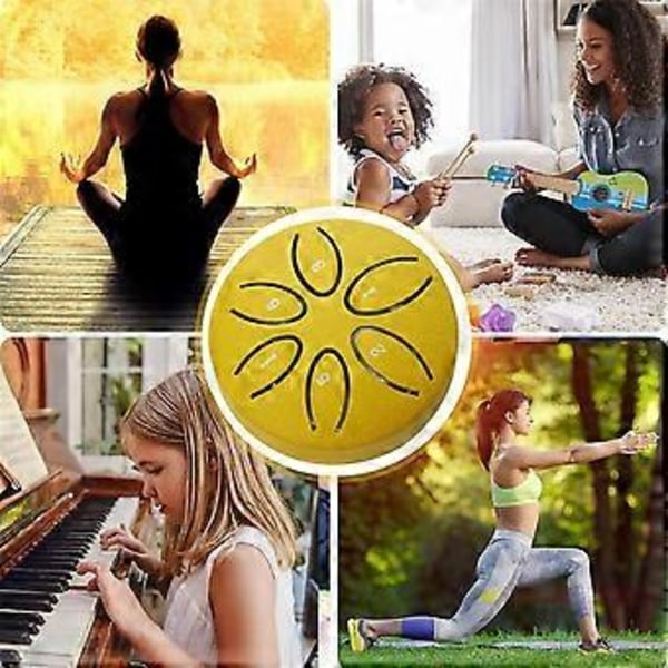 Regntrumma för utomhusbruk, Stål Tongue Drum 6 Toner 3 Tum Chakra Tank Drum Stål Slagverk Vadderade Klubbor Guld
