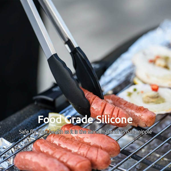 Set med 3 grilltenger i rustfritt stål, kjøkkenredskaper med varmebestandig silikonkonhåndtak, non-stick buffettenger, BPA-fri (svart)-F