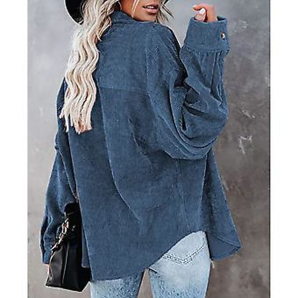 Kordfløyel Skjorte med Knapper Lange Ermer Jakkeslag Kordfløyel Jakke Løs Casual Oversized Bluser Jakke for Vår Høst Blå S