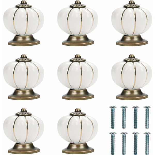 Valkoiset ja kultaiset kurpitsan muotoiset keraamiset nupit ruuveilla (8 kpl) - 3,6 x 3,9 cm / 1,42 x 1,54 tuumaa - Pyöreät vintage-vetimet kodin ja toimiston huonekaluihin