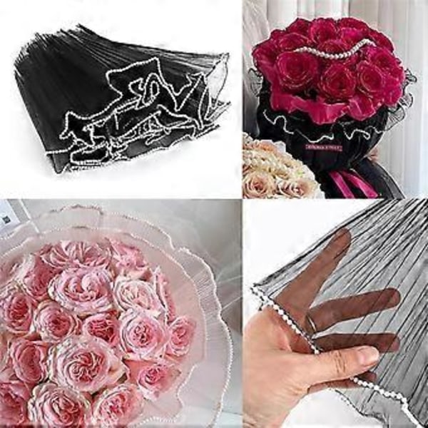 12,3 meter blomsterindpakningsnetpapir, buket blomsterindpakningspapir med perlekant, (sort, hvid, pink)