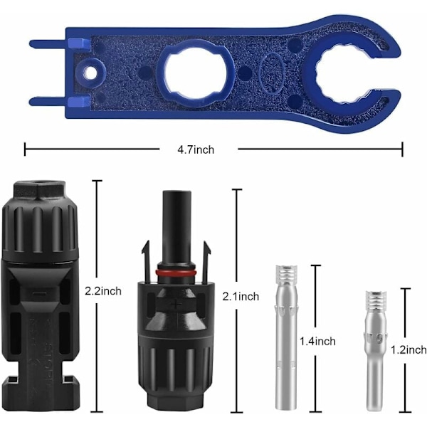 5 par PV-stik, AVCE-sekskantnøgler, vandtætte han- + hunsol-elstik til solpaneler, kabeltilbehør, sort
