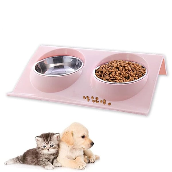 Pet Bowl Set, Dog Animal Feeder Bowl, 15° Tiltable Double Food Bowl Raised Cat Bowl (Pink)