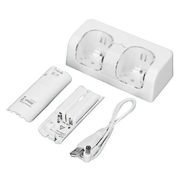 Fjernbetjenings Batterioplader med Strømkabel Stabil Bærbar Dobbelt Opladningsstation Dock til Wii Spil Fjernbetjening Batteri Hvid