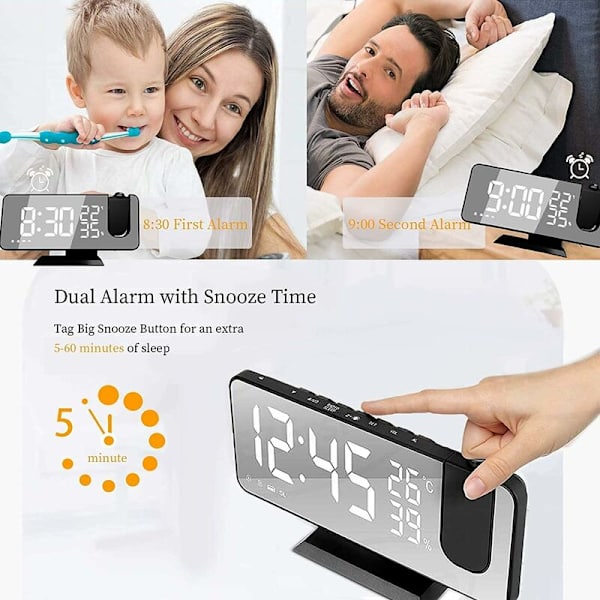 Projektionsväckarklocka, Sängklocka med FM-radio, Digital klocka med USB-laddningsport, Snooze, 7 \"LED-spegelsdisplay, 4 justerbar