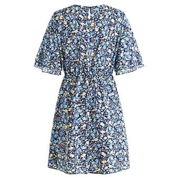 Damklänning Rund Hals Hög Midja Volang Kort Ärm Polyester A-linje Kjol för Sommar Blå M