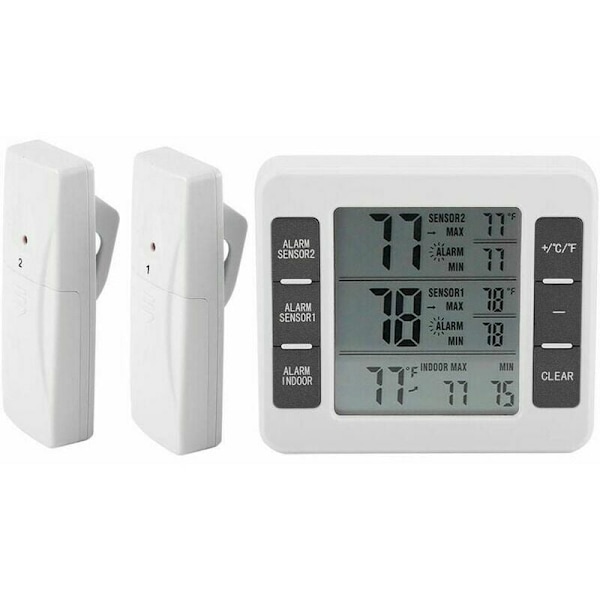 Digital Fridge and Freezer Thermometer with Audible Alarm and Wireless Sensor, Min/Max Display.