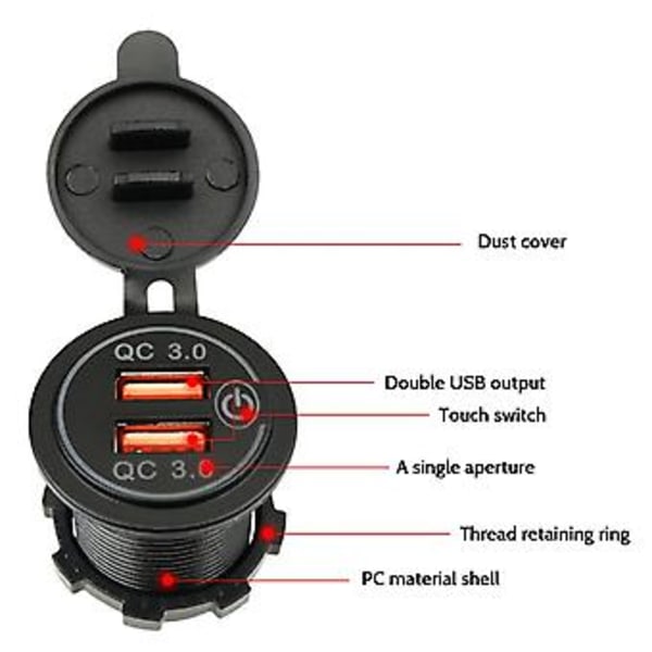 Qc 3.0 USB Billaderkontakt med berørings S Hurtigladeuttak for 12V-24V Sykkelbåt