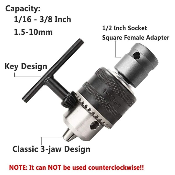 1,5-10 mm 1/16 tommer - 3/8 tommers kapasitetsnøkkel Drill Chuck Converter skiftenøkkel 1/2 tommers socket firkantet adapter