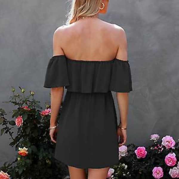 Tube Top Off Shoulder Kjole Dame Sommer Elegant Elastisk Talje A-Linje Rygløs Flæse Kort Kjole Sort L