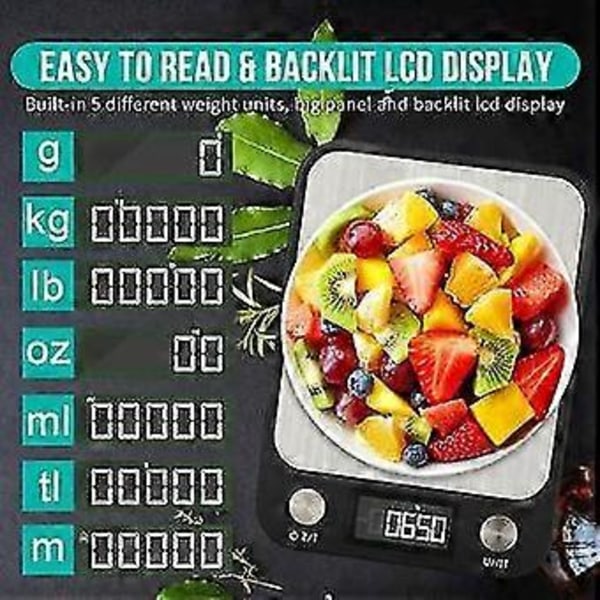 Digital køkkenvægt - Meget følsomme og præcise målinger, 5 forskellige vægtenheder, LCD-display med stort panel, slankt design, ideel til sundhed