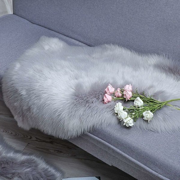 Faux pälsfårskinn matta (60 x 90 cm) Faux fleece stolöverdrag sittdyna mjuk fluffig lurvig matta för sovrum soffa golv (grå, 60 x 9