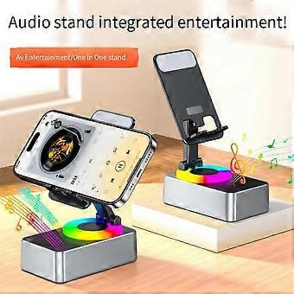 3-i-1 Mobiltelefonholder, Audio Powerbank, Bluetooth Samtalehøyttaler, Multifunksjonell Sammenleggbar Roterende Skrivebordsholder, Svart