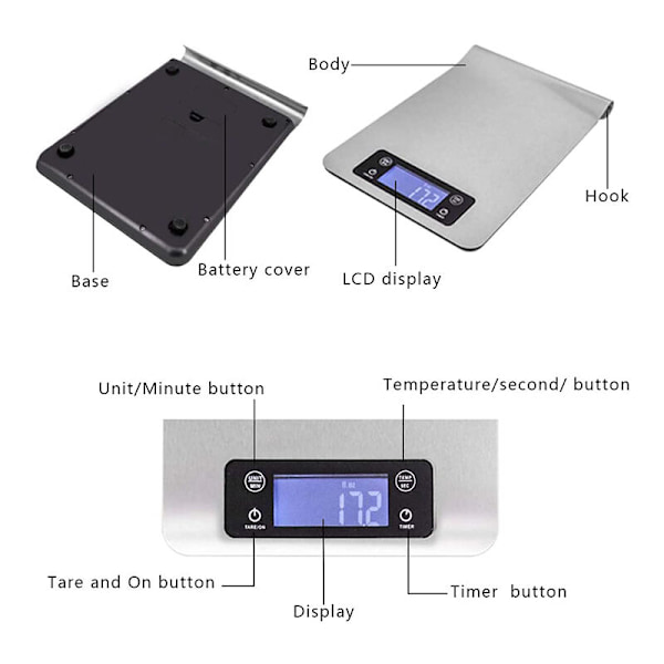 Digital köksvåg, liten elektronisk multifunktionell våg, vikt i gram och uns, med exakt LCD-display, silver