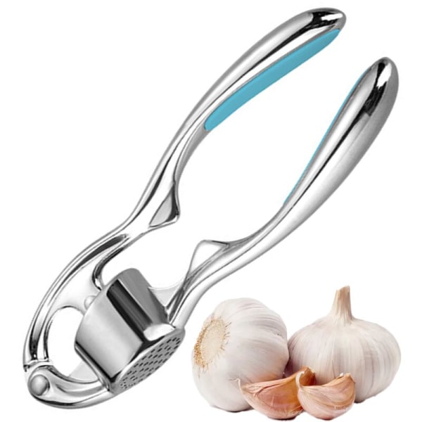 Stainless Steel Grinder Garlic Press Crusher with Silicone Garlic Peeler & Clean Brush,  Kitchen Mincer Tool Blue