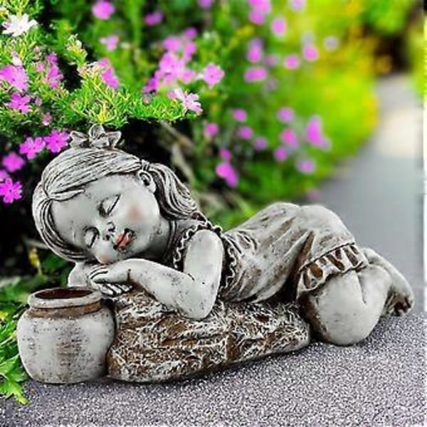Barn med solcellelamper Hagedekorasjon Utendørs Statue Resin Krukke Gutt Blomsterbed Hageskulptur Dekor