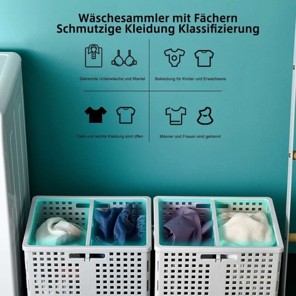 Vikbar tvättkorg med handtag, med 2 fack, stabil och stapelbar, för förvaring av kläder och leksaker, 50L, White-Fei Yu