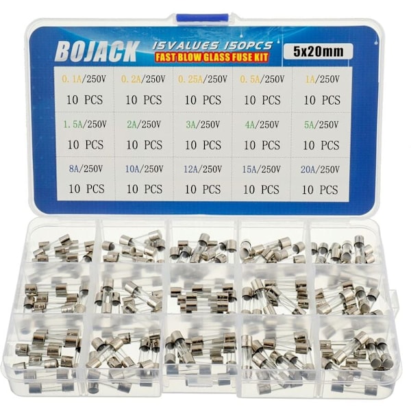 15 Values ​​Glass Fuse Assortment with Connector fast 150pcs 5x20mm 250V 0.1 0.2 0.25 0.5 1 1.5 2 3 4 5 8 10 12 15 20A Packed in transparent plastic