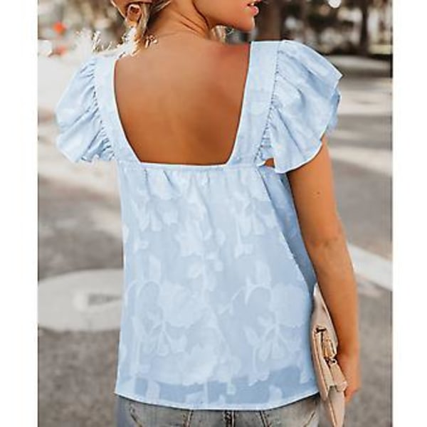 Kort Flæseærme Print Top Firkantet Hals Kvinder Polyester Chiffon Top til Sommer Udendørs Himmelblå M