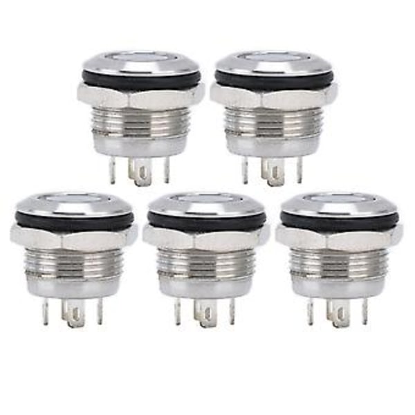 5 stk. Knapkontakt Rustfrit Stål Flad Top Knap med LED Selv Nulstilling Strømtilbehør 12mmDC3‑6V Hvid